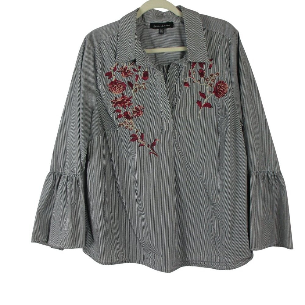 Jasmine & Juliana Blouse Women's Striped Long Bell Sleeve Floral Embroidered 1X